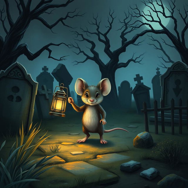 A small mouse walking through a spooky graveyard at night, holding a glowing lantern