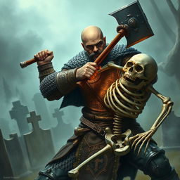 A human paladin, bald with a black mustache, wearing a suit of chainmail armor, fighting a skeleton warrior in a cemetery