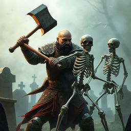 A human paladin, bald with a black mustache, wearing a suit of chainmail armor, fighting a skeleton warrior in a cemetery