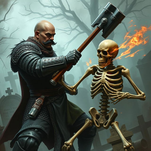 A human paladin, bald with a black mustache, wearing a suit of chainmail armor, fighting a skeleton warrior in a cemetery