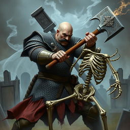 A human paladin, bald with a black mustache, wearing a suit of chainmail armor, fighting a skeleton warrior in a cemetery