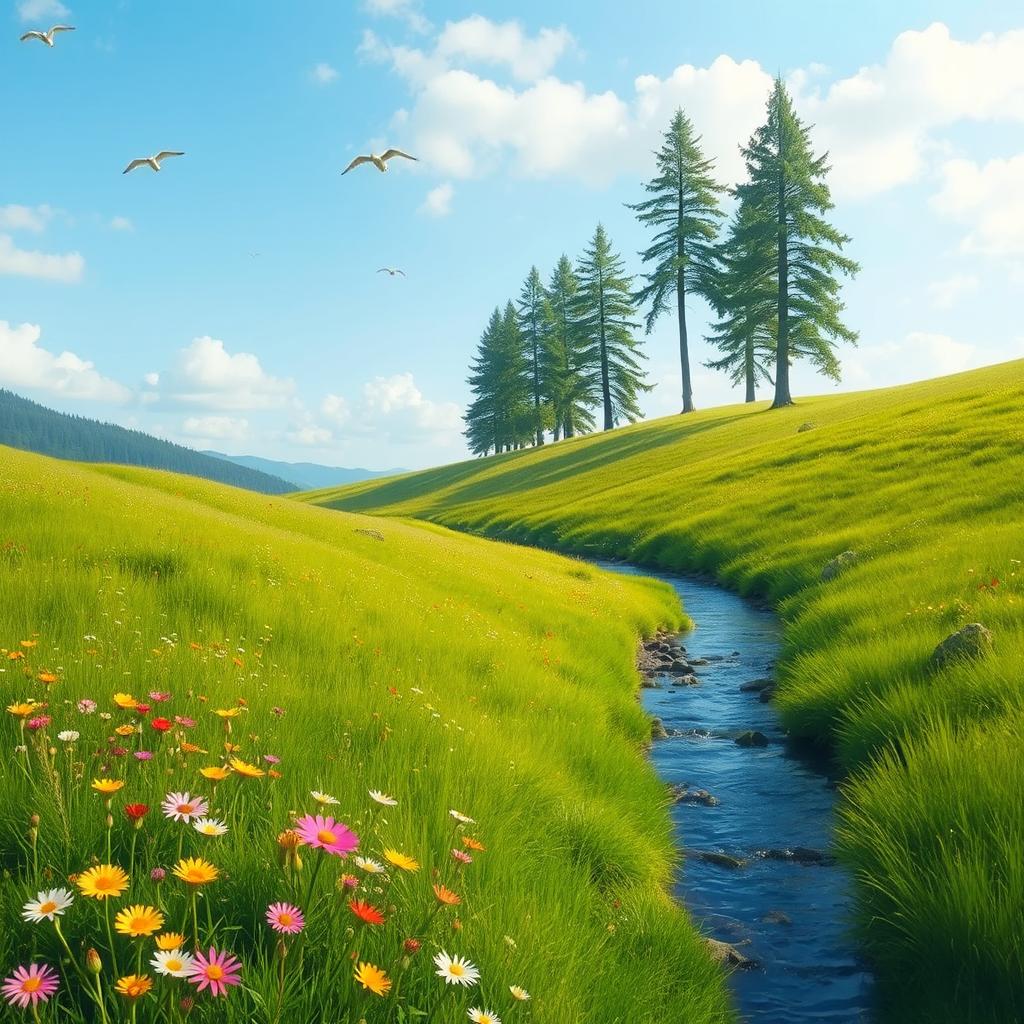 A serene landscape featuring a lush green meadow with colorful wildflowers, a clear blue sky, and a gentle stream flowing through