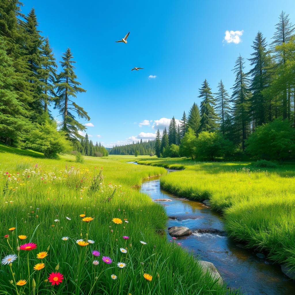 A serene landscape featuring a lush green meadow with colorful wildflowers, a clear blue sky, and a gentle stream flowing through