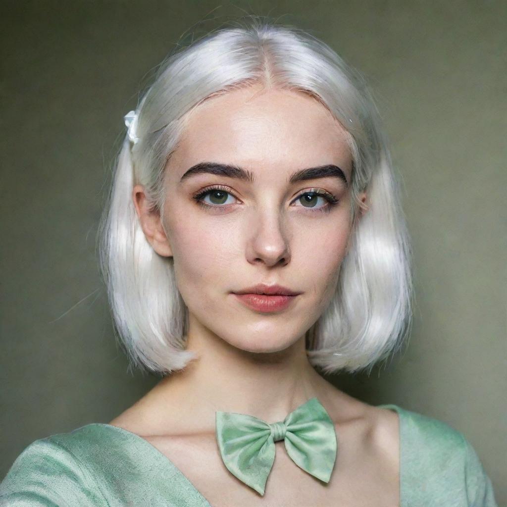 Full-length interior photo of a young woman with white hair in a romantic pose, featuring long, square, proportional facial features, a small smooth nose, dimples in the cheeks, bow lips, thin cheeks and cheekbones, large black eyebrows, smooth green medium eyes, and swarthy skin, captured using a low-quality phone camera