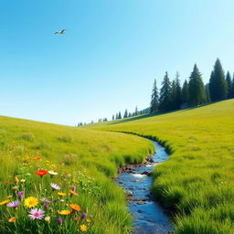 A serene landscape featuring a lush green meadow with colorful wildflowers, a clear blue sky, and a gentle stream flowing through