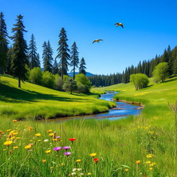 A serene landscape featuring a lush green meadow with colorful wildflowers, a clear blue sky, and a gentle stream flowing through