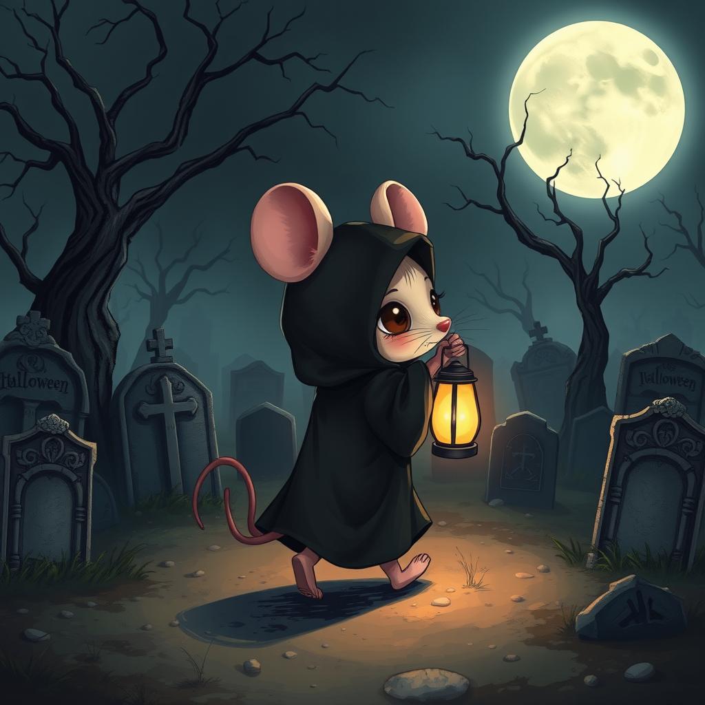 A detailed illustration of a cute mouse character wearing a black robe, walking away from a spooky graveyard at night while holding a glowing lantern