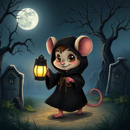 A detailed illustration of a cute mouse character wearing a black robe, walking away from a spooky graveyard at night while holding a glowing lantern