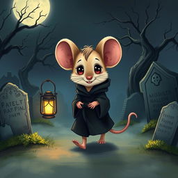 A detailed illustration of a cute mouse character wearing a black robe, walking away from a spooky graveyard at night while holding a glowing lantern