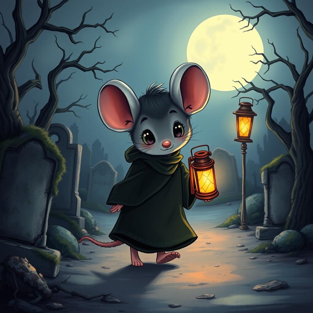 A detailed illustration of a cute mouse character wearing a black robe, walking away from a spooky graveyard at night while holding a glowing lantern