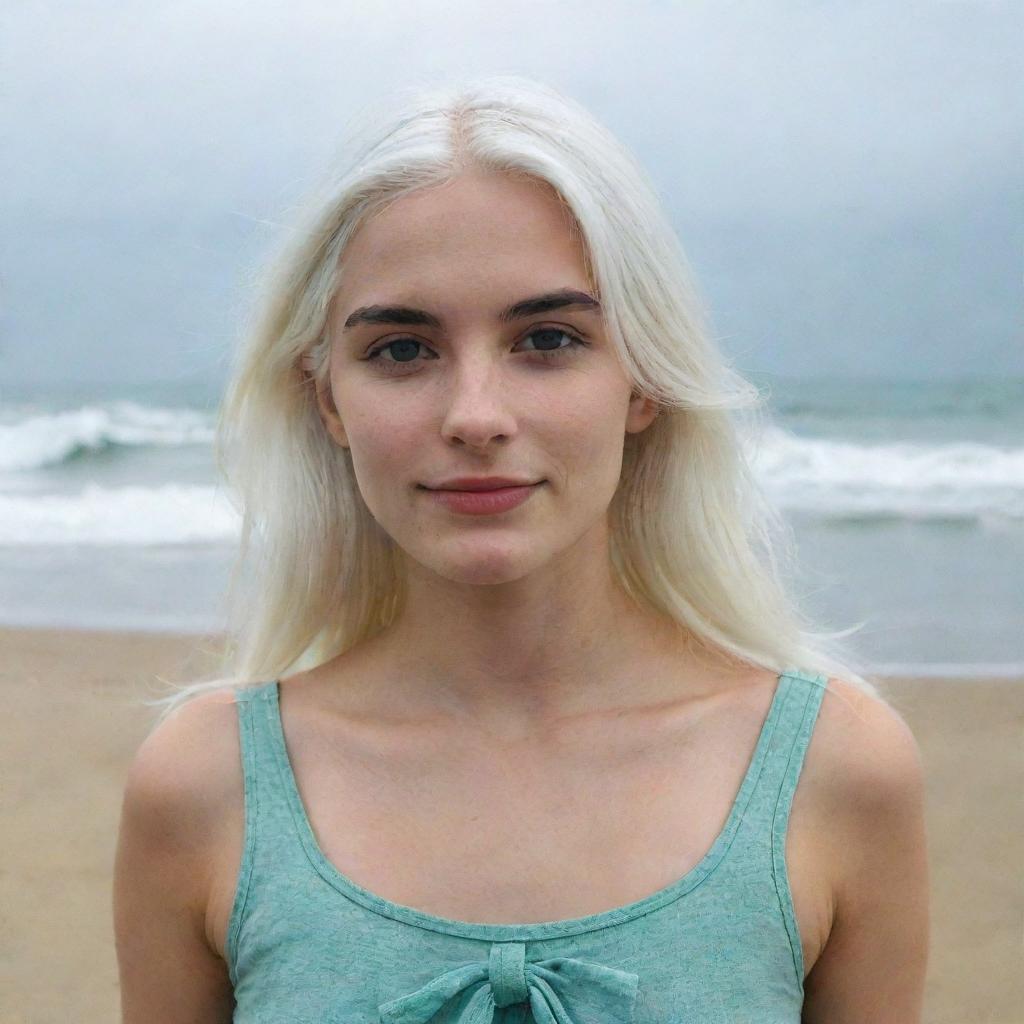 Full-length interior photo of a young woman with white hair on a beach, featuring long square proportional facial features, a small smooth nose, dimples in the cheeks, bow lips, thin cheeks and cheekbones, large black eyebrows, smooth green medium eyes, and swarthy skin, taken with a low-quality phone camera