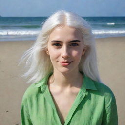 Full-length interior photo of a young woman with white hair on a beach, featuring long square proportional facial features, a small smooth nose, dimples in the cheeks, bow lips, thin cheeks and cheekbones, large black eyebrows, smooth green medium eyes, and swarthy skin, taken with a low-quality phone camera