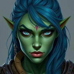 A front-facing portrait of a female half-orc with green skin and blue hair