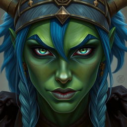 A front-facing portrait of a female half-orc with green skin and blue hair