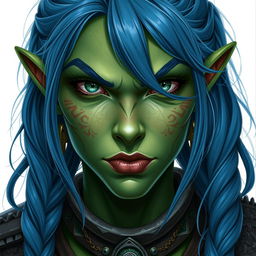 A front-facing portrait of a female half-orc with green skin and blue hair