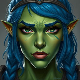 A front-facing portrait of a female half-orc with green skin and blue hair