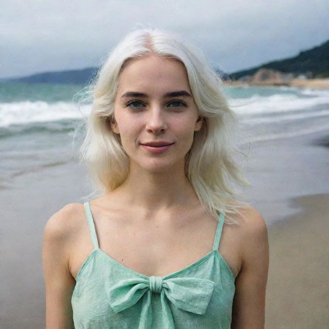 Full-length interior photo of a young woman with white hair on a beach, featuring long square proportional facial features, a small smooth nose, dimples in the cheeks, bow lips, thin cheeks and cheekbones, large black eyebrows, smooth green medium eyes, and swarthy skin, taken with a low-quality phone camera