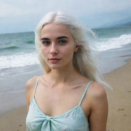 Full-length interior photo of a young woman with white hair on a beach, featuring long square proportional facial features, a small smooth nose, dimples in the cheeks, bow lips, thin cheeks and cheekbones, large black eyebrows, smooth green medium eyes, and swarthy skin, taken with a low-quality phone camera