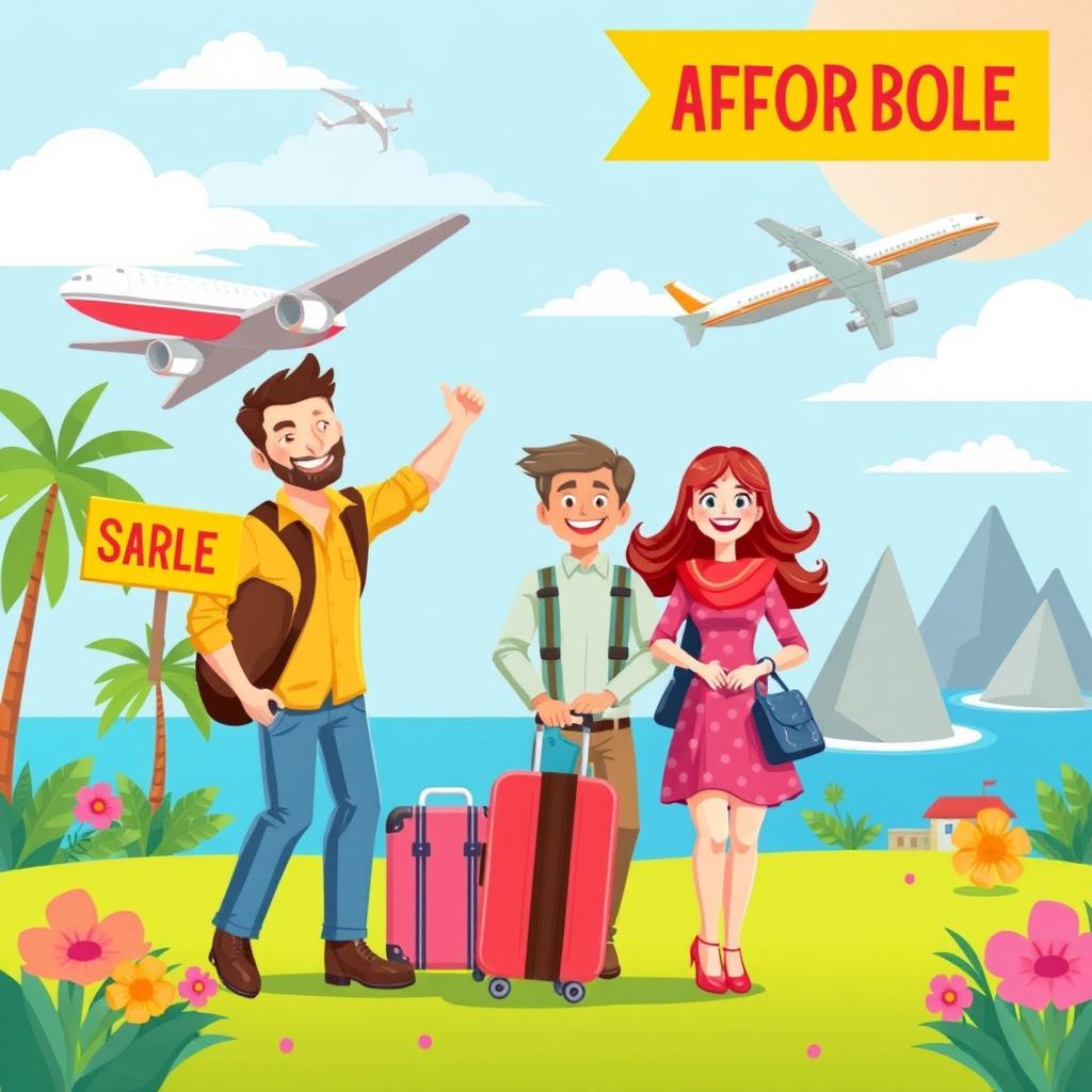 A vibrant and cheerful scene depicting affordable travel options