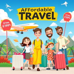 A vibrant and cheerful scene depicting affordable travel options