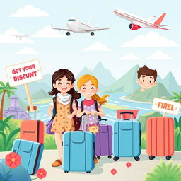 A vibrant and cheerful scene depicting affordable travel options