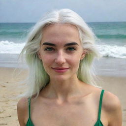 Full-length photo of a woman with white hair on a beach, featuring long, square, proportional facial features, a small smooth nose, dimples in her cheeks, bow lips, thin cheeks and cheekbones, large black eyebrows, smooth green medium eyes, and swarthy skin, captured with a low-quality phone camera