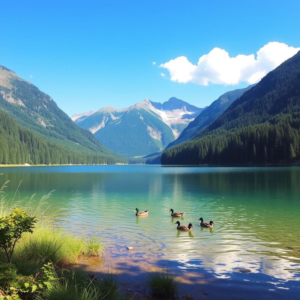 A serene landscape featuring a crystal-clear lake surrounded by lush green forests and majestic mountains in the background