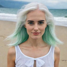 Full-length photo of a woman with white hair on a beach, featuring long, square, proportional facial features, a small smooth nose, dimples in her cheeks, bow lips, thin cheeks and cheekbones, large black eyebrows, smooth green medium eyes, and swarthy skin, captured with a low-quality phone camera