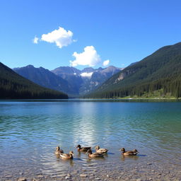 A serene landscape featuring a crystal-clear lake surrounded by lush green forests and majestic mountains in the background