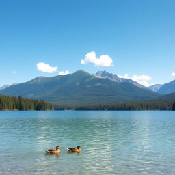 A serene landscape featuring a crystal-clear lake surrounded by lush green forests and majestic mountains in the background