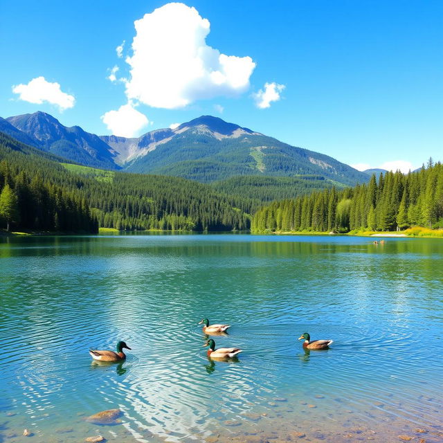 A serene landscape featuring a crystal-clear lake surrounded by lush green forests and majestic mountains in the background