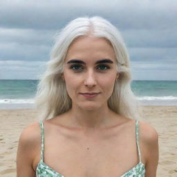 Full-length photo of a woman with white hair on a beach, featuring long, square, proportional facial features, a small smooth nose, dimples in her cheeks, bow lips, thin cheeks and cheekbones, large black eyebrows, smooth green medium eyes, and swarthy skin, captured with a low-quality phone camera