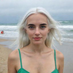 Full-length photo of a woman with white hair on a beach, featuring long, square, proportional facial features, a small smooth nose, dimples in her cheeks, bow lips, thin cheeks and cheekbones, large black eyebrows, smooth green medium eyes, and swarthy skin, captured with a low-quality phone camera