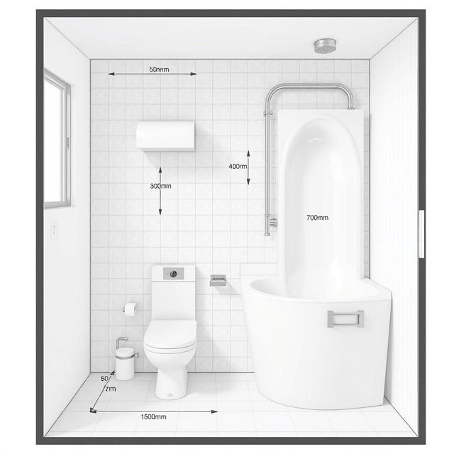 Create a detailed layout of a bathroom with the following specifications: The room is 2240 mm wide and 3000 mm long