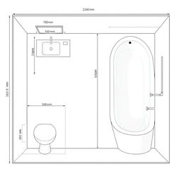 Create a detailed layout of a bathroom with the following specifications: The room is 2240 mm wide and 3000 mm long