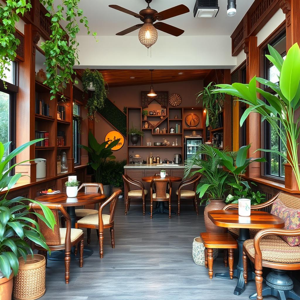 A beautifully designed coffee shop interior with an Indonesian home theme