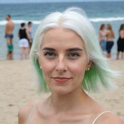 Full-length interior photo of a woman with white hair at a beach party, featuring long square proportional facial features, a small smooth nose, dimples in her cheeks, bow lips, thin cheeks and cheekbones, large black eyebrows, smooth green medium eyes, and swarthy skin, taken with a low-quality phone camera