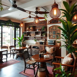 A beautifully designed coffee shop interior with an Indonesian home theme