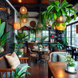 A beautifully designed coffee shop interior with an Indonesian home theme