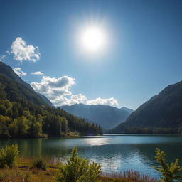 A beautiful landscape featuring a serene lake surrounded by lush green trees and mountains in the background