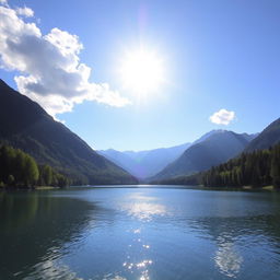 A beautiful landscape featuring a serene lake surrounded by lush green trees and mountains in the background