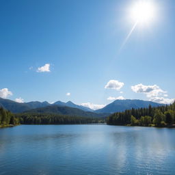 A beautiful landscape featuring a serene lake surrounded by lush green trees and mountains in the background