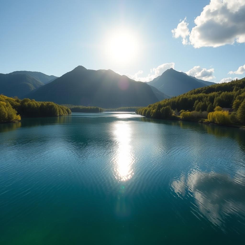 A beautiful landscape featuring a serene lake surrounded by lush green trees and mountains in the background