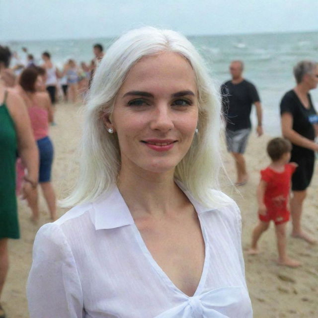 Full-length interior photo of a woman with white hair at a beach party, featuring long square proportional facial features, a small smooth nose, dimples in her cheeks, bow lips, thin cheeks and cheekbones, large black eyebrows, smooth green medium eyes, and swarthy skin, taken with a low-quality phone camera