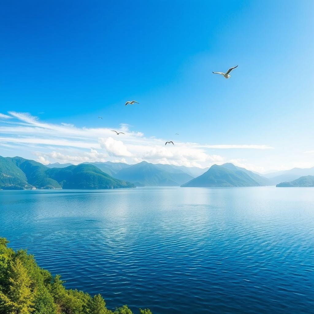 A beautiful landscape featuring a serene lake surrounded by lush green mountains and a clear blue sky