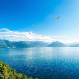 A beautiful landscape featuring a serene lake surrounded by lush green mountains and a clear blue sky