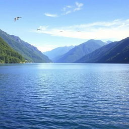 A beautiful landscape featuring a serene lake surrounded by lush green mountains and a clear blue sky