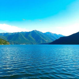 A beautiful landscape featuring a serene lake surrounded by lush green mountains and a clear blue sky