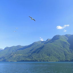 A beautiful landscape featuring a serene lake surrounded by lush green mountains and a clear blue sky