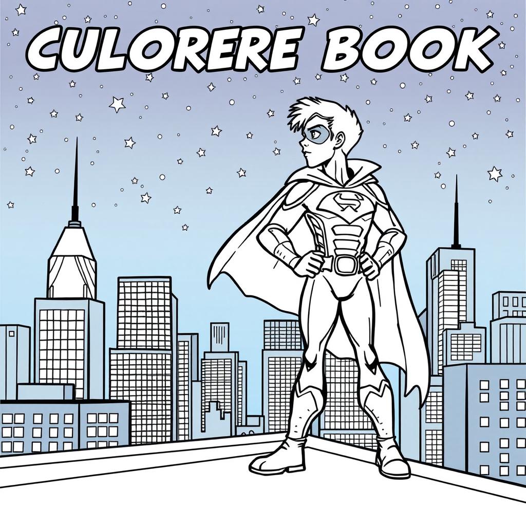 A superhero-themed colouring book page featuring a hero and their sidekick patrolling the city at night